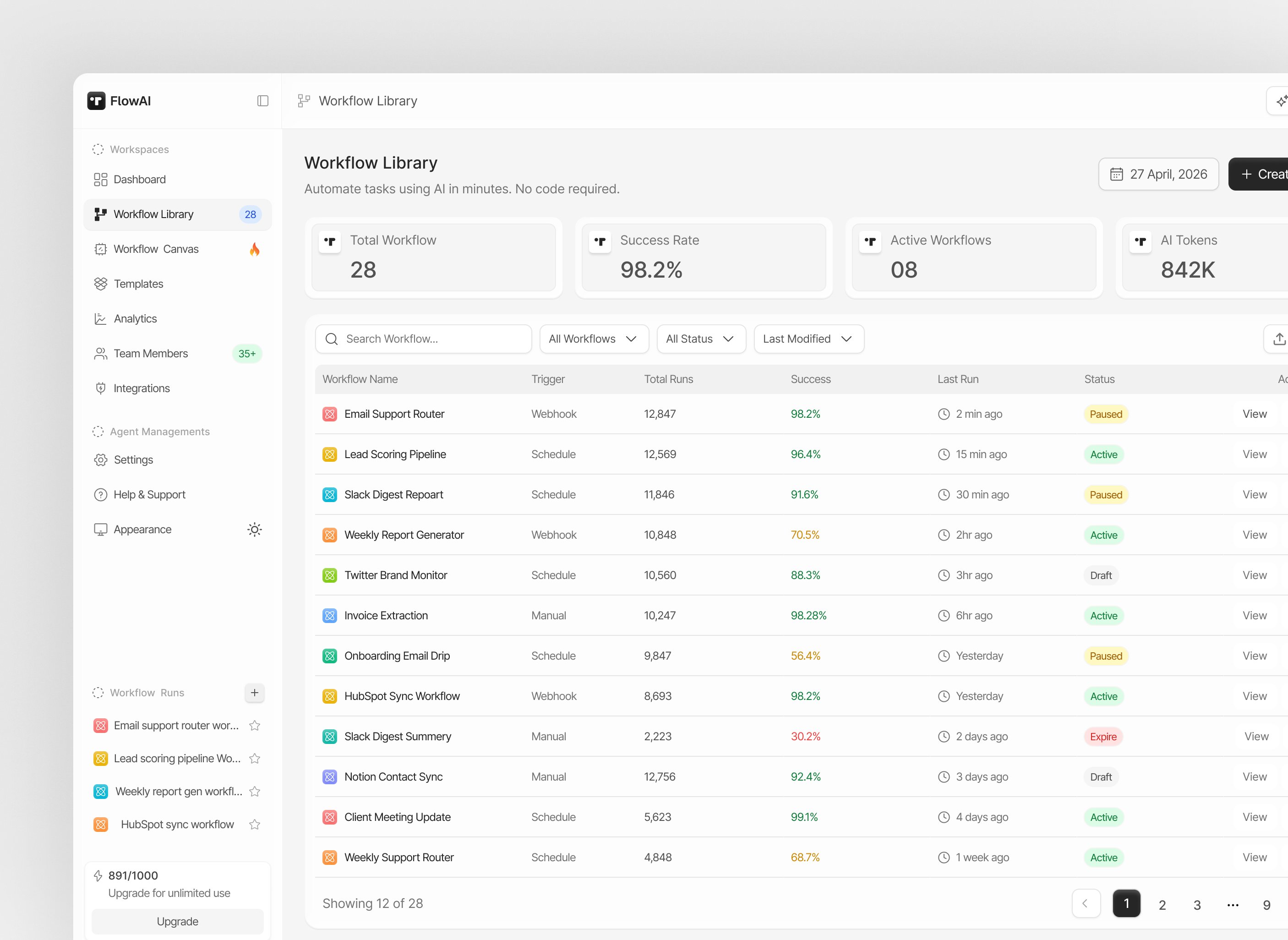 FlowAI workflow library table UI